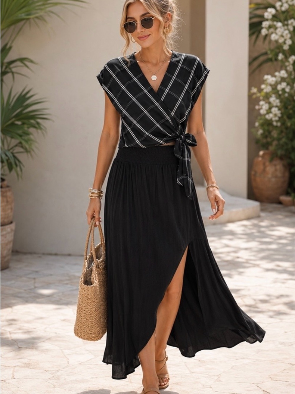 Banana Republic Black Plaid Wrap Top S